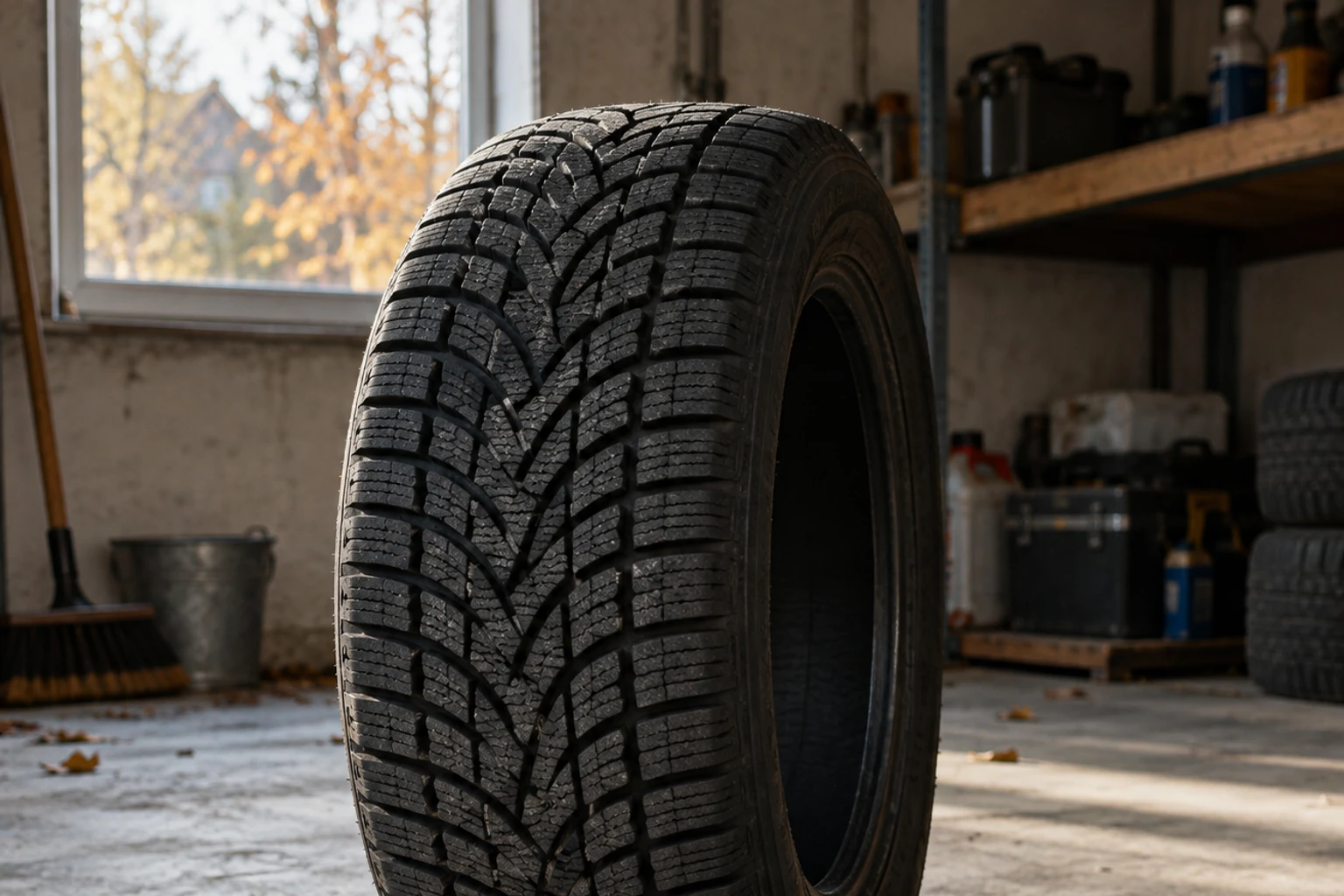 Single winter tire standing upright in a dim garage with shelves and tools