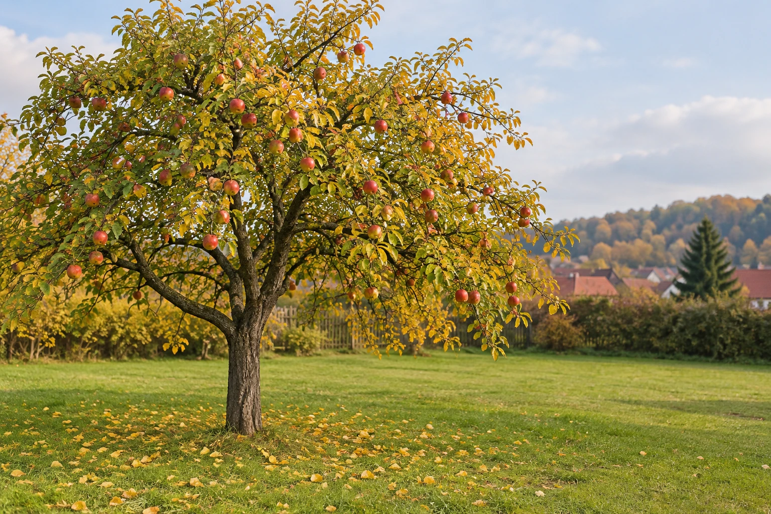 Mature apple tree with red fruit and yellowing leaves in a grassy autumn orchard